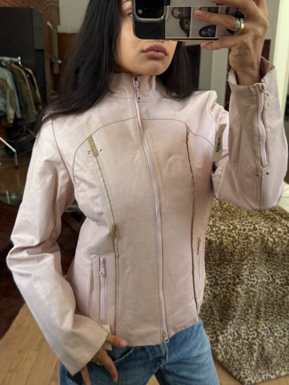 Vintage Pink Leather Moto Jacket M Y2K Cropped Coquette